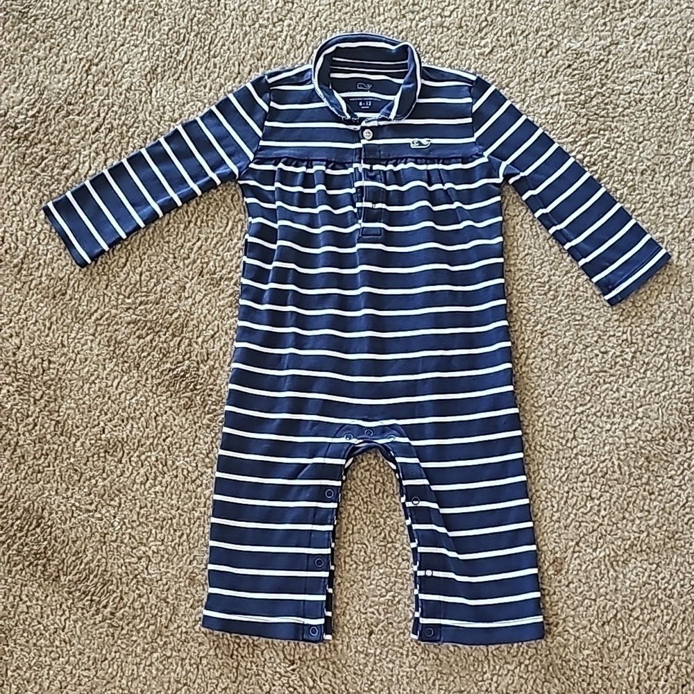 Vineyard Vines Whale Romper Navy Stripe 6-12M